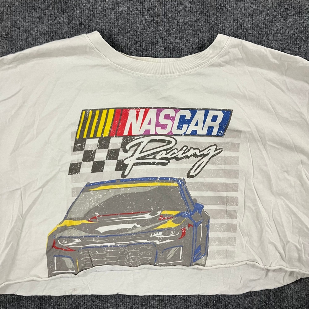 NASCAR Crop Top Womens Size L White Oversized Racing Graphic Raw Hem Tee
